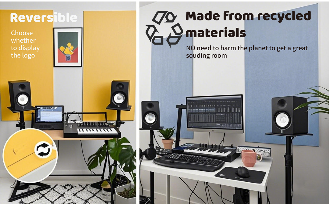 Home studio setup with Focusound acoustic panels in yellow and blue, featuring soundproof wall treatment for better audio recording and mixing.