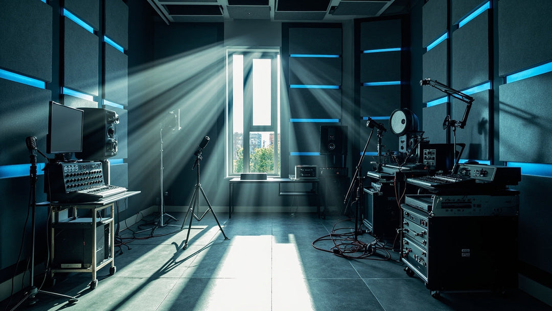 acoustic foam panels and recording gear in a clean modern studio setup