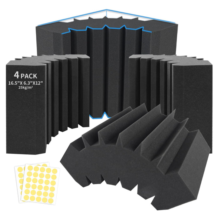 4 Pack Bass Traps Corner Acoustic Foam Corner 16.5" X 6.3" X 12" Acoustic Foam Panels Soundproof Padding Wall Panel Corner Block for Home Studio and Theater